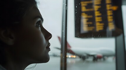 Poster - Close up portrait of a woman s pensive face illuminated by the bright lights of a departure screen at a modern airport terminal with large windows showcasing planes in the background