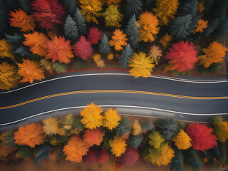 Bird's eye view of a street in autumn, with bright orange, yellow and red leaves scattered across th