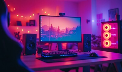 Gaming computer on desk in video gamer room with neon lights. Gaming PC monitor with abstract interface of computer game. Workstation of gaming streamer on table. Work station, Generative AI