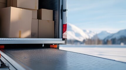 Poster - Close up view of a moving truck ramp leading up to the back of the truck with various boxes and furniture items visible inside