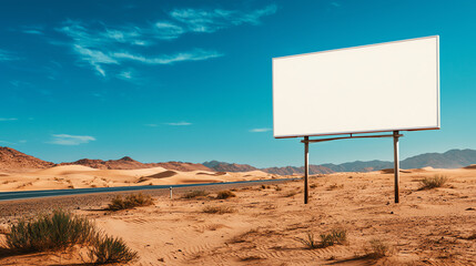 White billboard mockup standing along a desert roadside, sand dunes and blue sky in the distance, white horizontal billboard  mockup  roadside, remote desert advertising