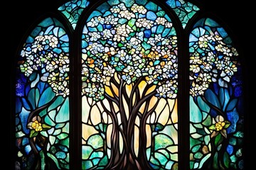 A stained glass window painting in the Art Nouveau style, with flowing lines and floral motifs
