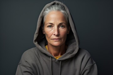 Wall Mural - Portrait of a glad woman in her 50s sporting a comfortable hoodie isolated on plain cyclorama studio wall