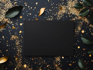 Wall Mural - Black Card with Gold Glitter and Green Leaves