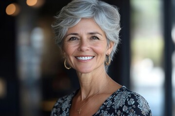 Wall Mural - Smiling head shot of a mature older female business leader, warm, friendly, likable, executive professional, Generative AI