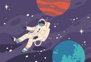 Astronaut Character Floating Through The Vastness Of Space Surrounded By Colorful Planets And Stars, Vector Illustration