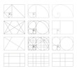 © Hanna - Golden ratio frames, rectangles. Method golden section templates. Fibonacci array, numbers. Collection of harmony proportions grids. Outline graphic illustration.