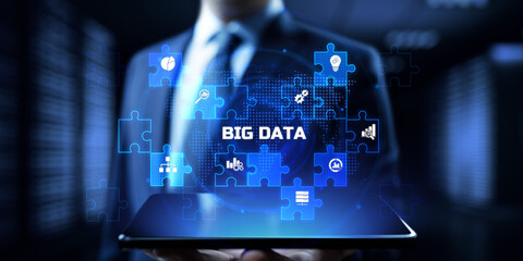 Wall Mural - big data analysis analytics internet technology concept. businessman pressing button on screen.