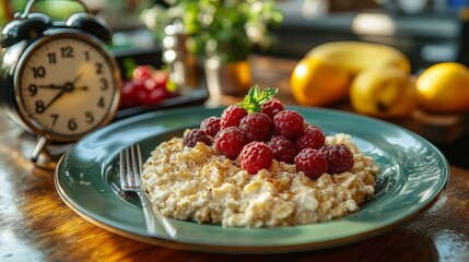 a healthy meal of oatmeal classic and alarm clock positioned on a table