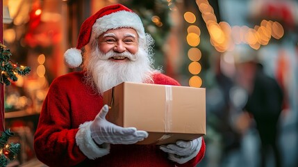 Smiling Santa Claus ready for holiday shipping, surrounded by festive lights and industrial charm 