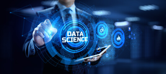 Wall Mural - data science analytics concept. businessman pressing button on screen.