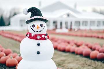 A cheerful snowman wearing a hat and scarf stands among pumpkins in a festive setting.