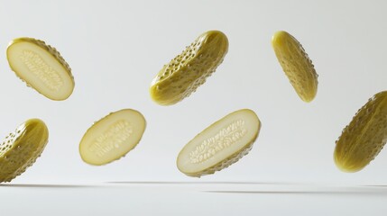 Wall Mural - A group of crunchy pickle slices, like they're floating in mid-air, against a plain white backdrop.