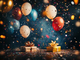 Canvas Print - Birthday Celebration with Balloons and Confetti