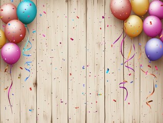 Wall Mural - Colorful Balloons and Confetti on Wooden Background