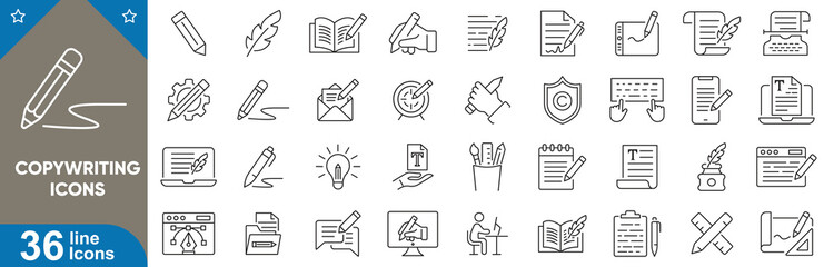 Wall Mural - copywriting outline web icons set. content, article, seo, typing, pen, marketing, editing, blog writ