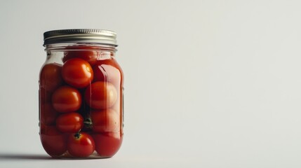 A jar of canned tomatoes stands out against a white background.  The jar is filled with cherry tomatoes, preserved for autumn or winter. This is a great example of home food storage and preservation.