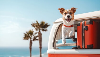 Cute dog enjoying the ride on a vintage van loaded with suitcases, cruising down a coastal road lined with palm trees and blue skies, carefree vacation vibes