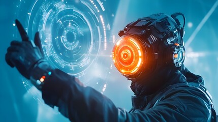 Poster - Futuristic time traveler wearing a glowing costume with a futuristic watch teleporting through shimmering light time portals opening gateways to other dimensions and eras