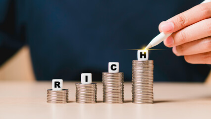 the coins stack for a financial business presentation, home, money saving, stock and fund management, retirement plan concept, business growth, profit, selective focus