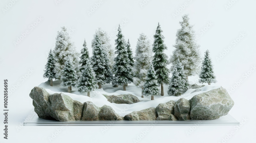 A miniature model of the Himalayan forest, with snow-covered trees and ...