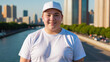 © QuoDesign - Plus size teenage boy wearing white t-shirt and white baseball cap standing on cityscape background