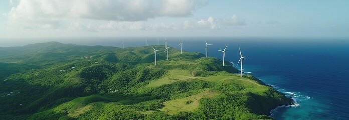 A beautiful landscape with a large body of water and a few wind turbines