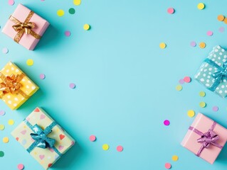 Sticker - Colorful Gift Boxes with Confetti on Blue Background