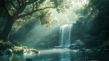 Poster - Enchanted Waterfall in a Lush Forest - Nature Photography