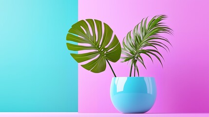 Sticker - Green tropical leaves in blue pot on blue and pink background.