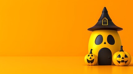 Wall Mural - Halloween house with pumpkins on orange background.