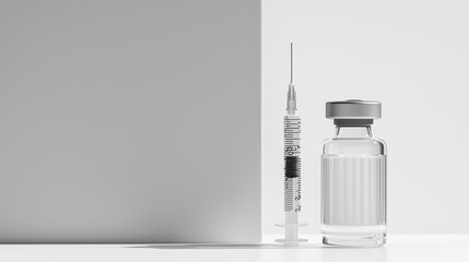 Close-up of a syringe and vaccine bottle placed on a clean white background with ample space for text creating a minimalist and impactful healthcare visual