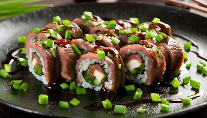 Wall Mural - Sophisticated Beef Negimaki with Scallions on a Chic Black Plate Showcasing Classic Japanese Cuisine in an Elegant Atmosphere