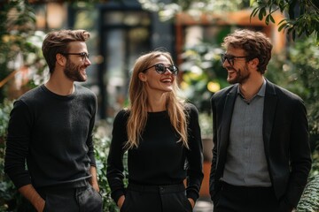 Canvas Print - Three happy colleagues chatting and joking during outdoor break. Friendly business people standing outside, talking and laughing. Business communication, Generative AI