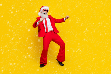 Poster - Full length photo of good mood santa dressed red suit tie dancing discotheque having fun empty space isolated yellow color background