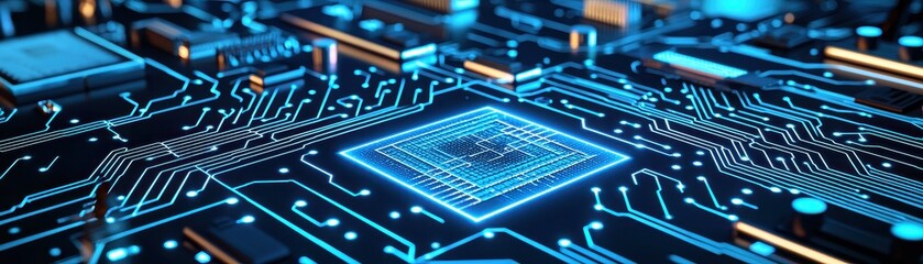 Leinwandbilder - Blue circuit board with glowing elements