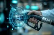 © Pumapala - Futuristic Fueling: A Hand Holding a Fuel Nozzle with Digital Interface