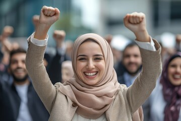 Wall Mural - Muslim business people cheering, Generative AI