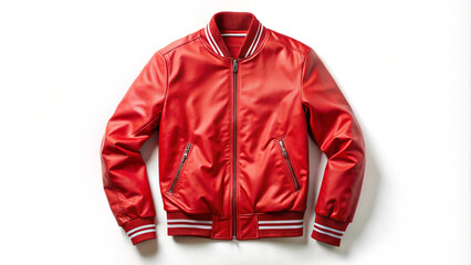 Red Leather Bomber Jacket on White Background