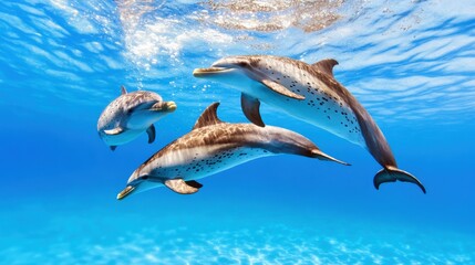 Wall Mural - Three Dolphins Swimming in Clear Ocean Water