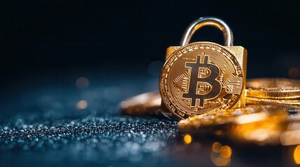 Golden Bitcoin coin with padlock on dark background, symbolizing security and finance.