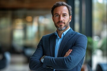 Canvas Print - Portrait of successful businessman standing with arms crossed standing in front of modern office, Generative AI