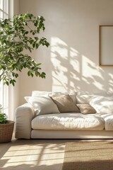 Cozy living room featuring a white sofa, decorative pillows, indoor plant, and natural light creating a warm ambiance.