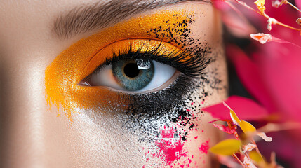 Close-up of a vibrant eye with colorful makeup, surrounded by flowers.