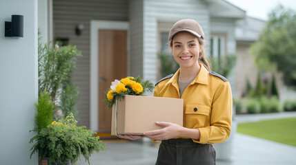 Delivery Person with a Package: A delivery person in a uniform, holding a package and standing at the front door of a house, smiling as they hand over the parcel to a happy customer.