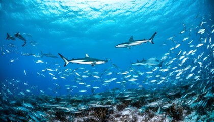 Wall Mural - Caribbean Reef Sharks Gliding Gracefully Over Vibrant Coral Reefs