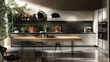 © PRIMPROW - A functional yet cozy kitchen featuring a minimalist wooden table in the middle, surrounded by modern appliances, sleek cabinetry, and ample storage space.