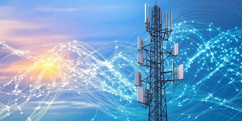 Poster - Telecommunication tower with glowing digital waves, symbolizing modern 5G technology, wireless communication, and the power of global connectivity through data transmission, Generative AI
