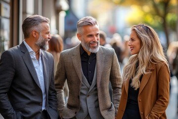 Wall Mural - Business people and corporate concept. Portrait of group of business people talking in the city, Generative AI