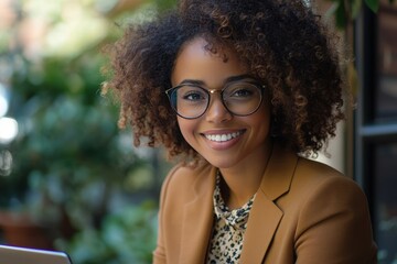 Lovely curly haired entrepreneur with glasses smiling outside while posing with a laptop and tablet, Generative AI